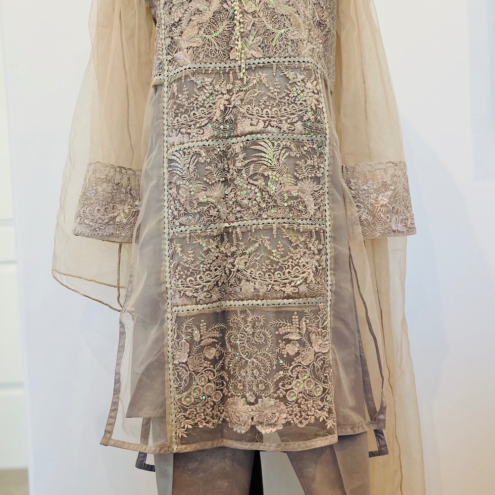 Indian/Pakistani gray net embroidered shalwar kameez